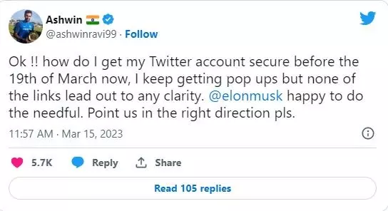 रविचंद्रन अश्विन ने अपने ट्विटर अकाउंट की सुरक्षा के लिए एलन मस्क को लिखा